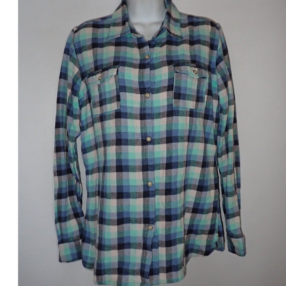 Gramicci Flannel Shirt Women L Blue Plaid Pearl Snap Gorpcore Hiking casual